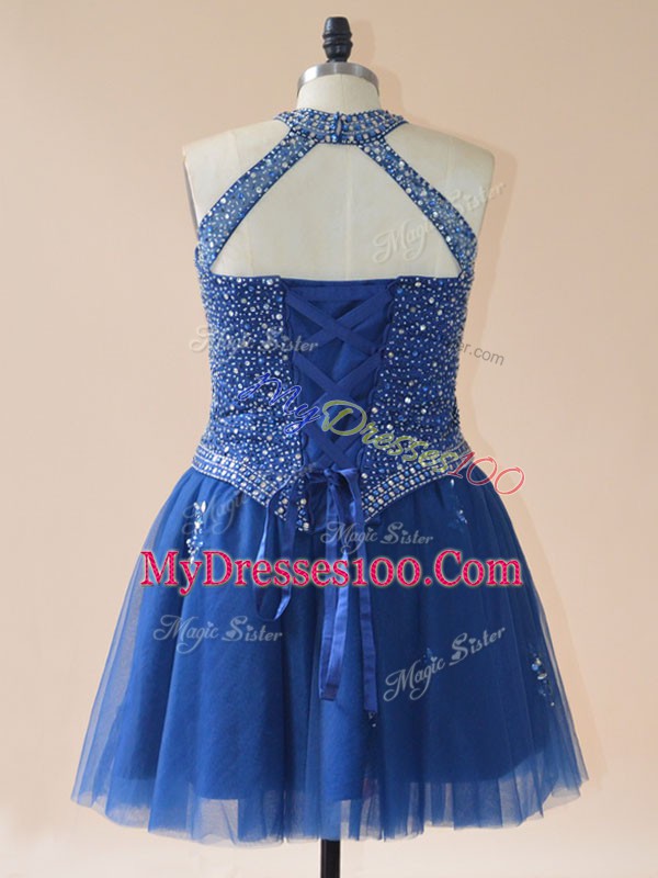 A-line Prom Homecoming Dress Royal Blue Halter Top Tulle Sleeveless Mini Length Lace Up