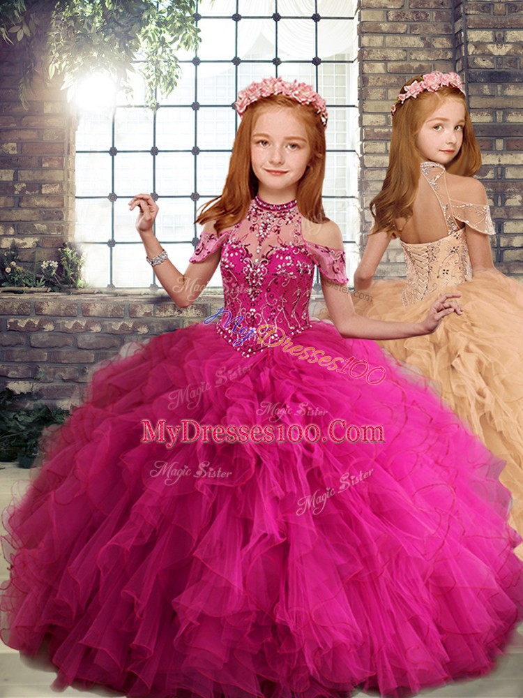 Dazzling High-neck Sleeveless Tulle Girls Pageant Dresses Beading and Ruffles Lace Up