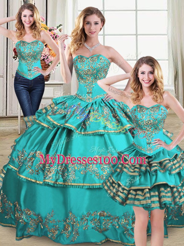 Aqua Blue Ball Gowns Embroidery and Ruffled Layers Ball Gown Prom Dress Lace Up Organza Sleeveless Floor Length