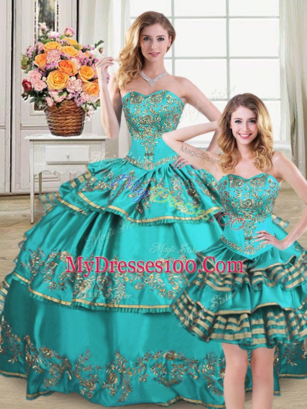 Aqua Blue Ball Gowns Embroidery and Ruffled Layers Ball Gown Prom Dress Lace Up Organza Sleeveless Floor Length