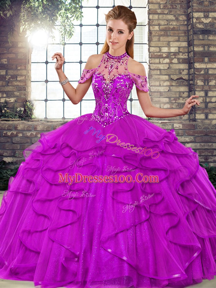 Best Selling Purple Ball Gowns Halter Top Sleeveless Tulle Floor Length Lace Up Beading and Ruffles Quince Ball Gowns