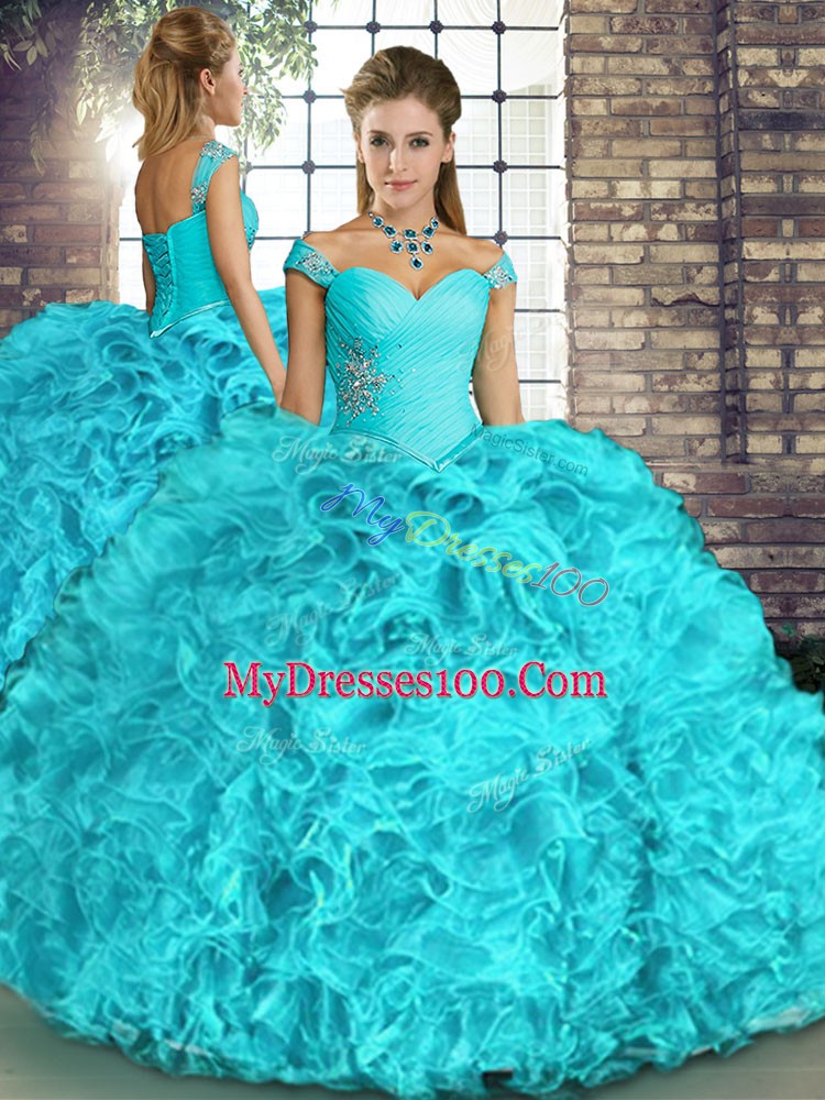 Aqua Blue Ball Gowns Off The Shoulder Sleeveless Organza Floor Length Lace Up Beading and Ruffles Ball Gown Prom Dress