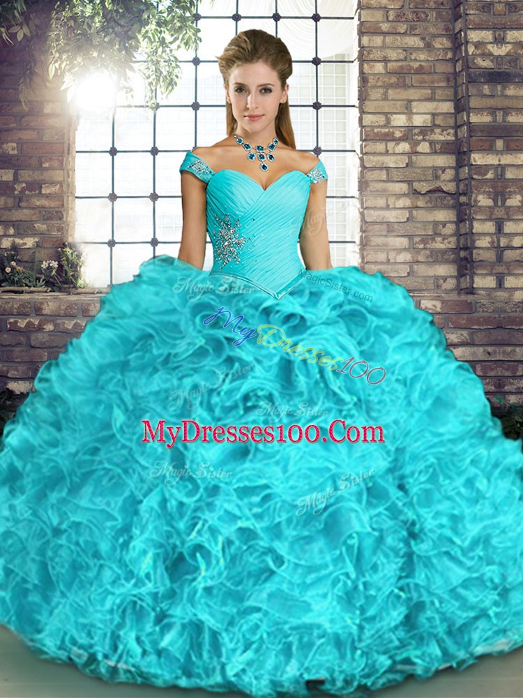 Aqua Blue Ball Gowns Off The Shoulder Sleeveless Organza Floor Length Lace Up Beading and Ruffles Ball Gown Prom Dress