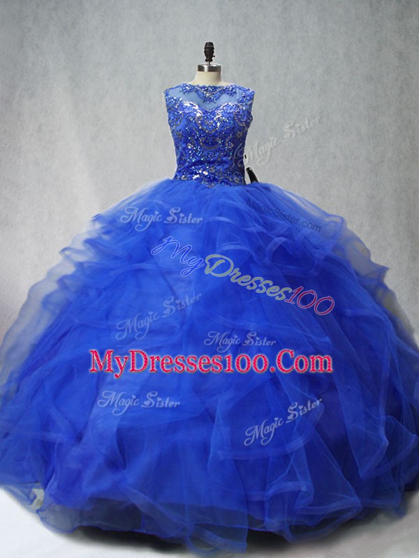 Charming Royal Blue Ball Gowns Scoop Sleeveless Tulle Brush Train Lace Up Beading and Ruffles Vestidos de Quinceanera