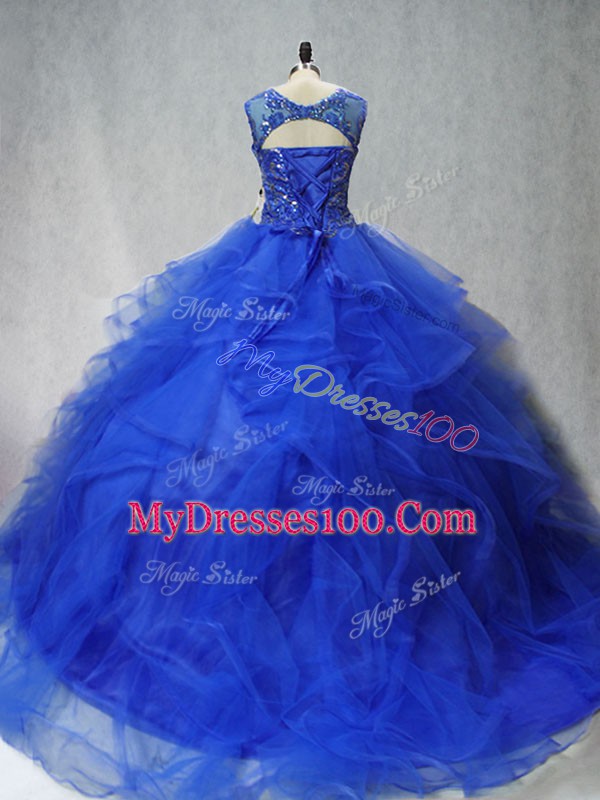 Charming Royal Blue Ball Gowns Scoop Sleeveless Tulle Brush Train Lace Up Beading and Ruffles Vestidos de Quinceanera