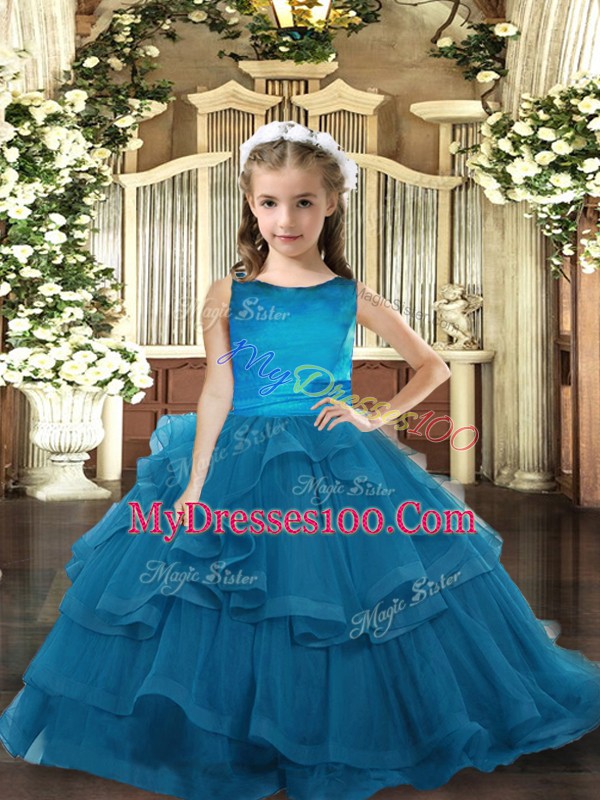 Stylish Ruffled Layers Child Pageant Dress Teal Lace Up Sleeveless Floor Length