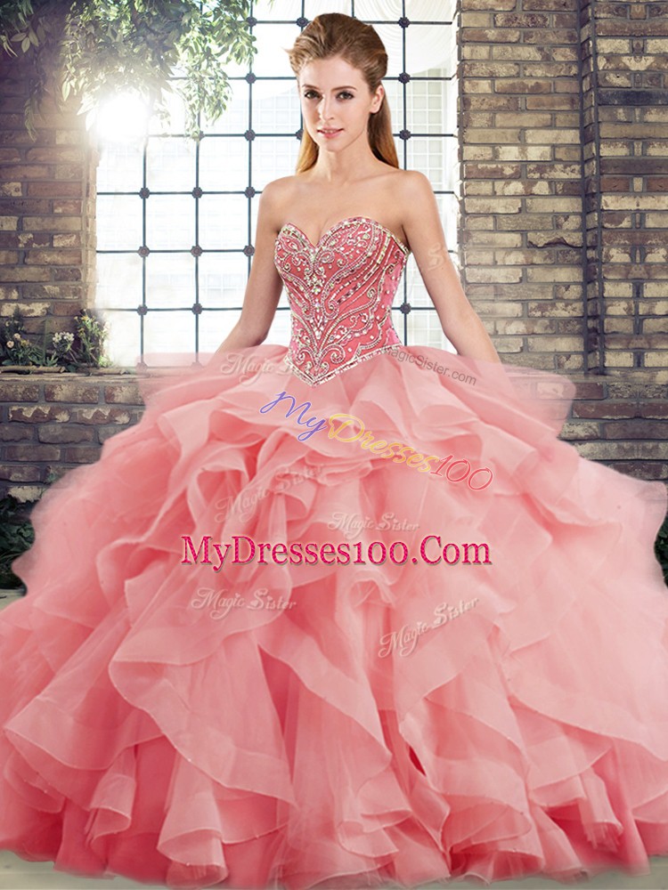 Watermelon Red Sweetheart Neckline Beading and Ruffles 15th Birthday Dress Sleeveless Lace Up