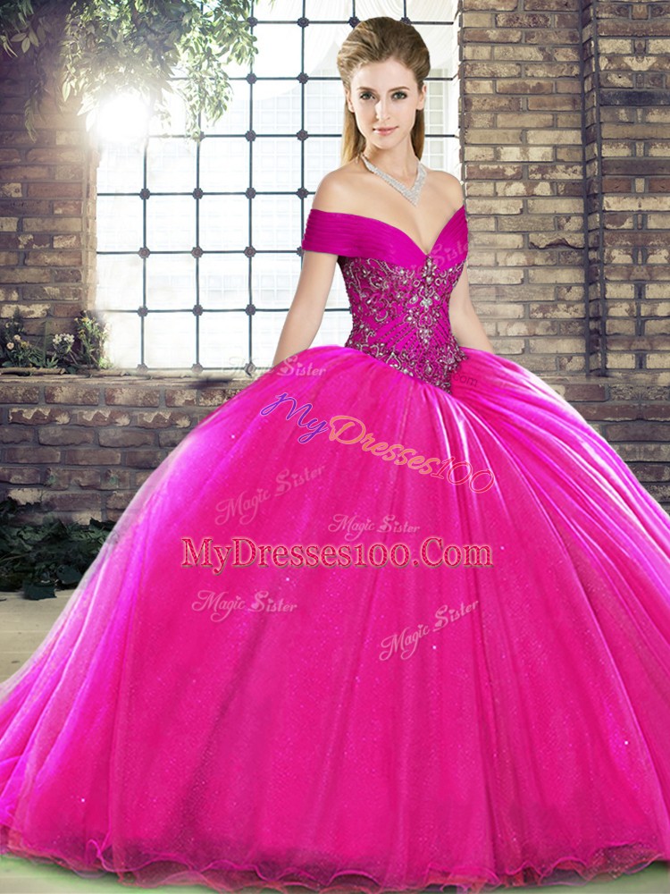 Ideal Fuchsia Organza Lace Up Off The Shoulder Sleeveless 15 Quinceanera Dress Brush Train Beading
