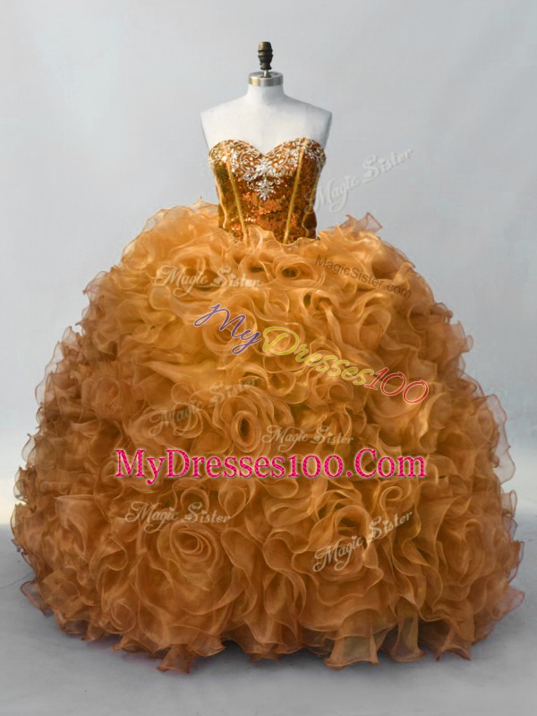 Glorious Gold Sweetheart Neckline Sequins 15th Birthday Dress Sleeveless Lace Up