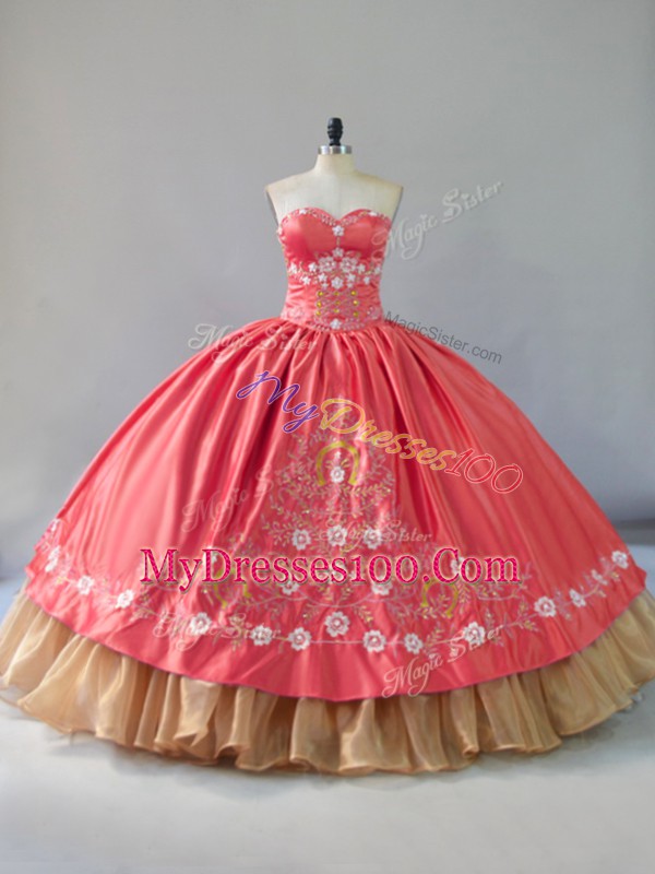 Satin and Organza Sweetheart Sleeveless Lace Up Embroidery Sweet 16 Dresses in Watermelon Red