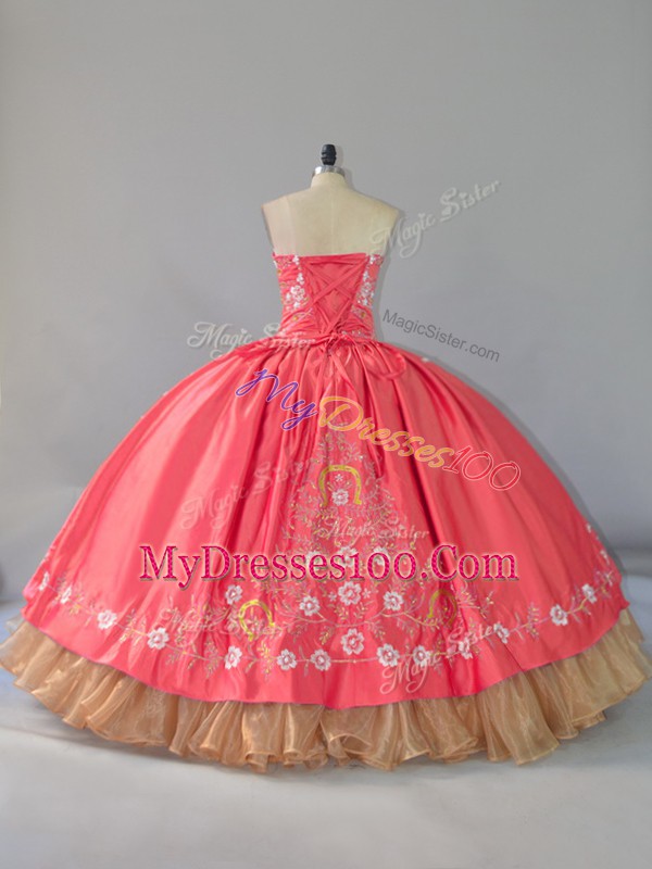 Satin and Organza Sweetheart Sleeveless Lace Up Embroidery Sweet 16 Dresses in Watermelon Red