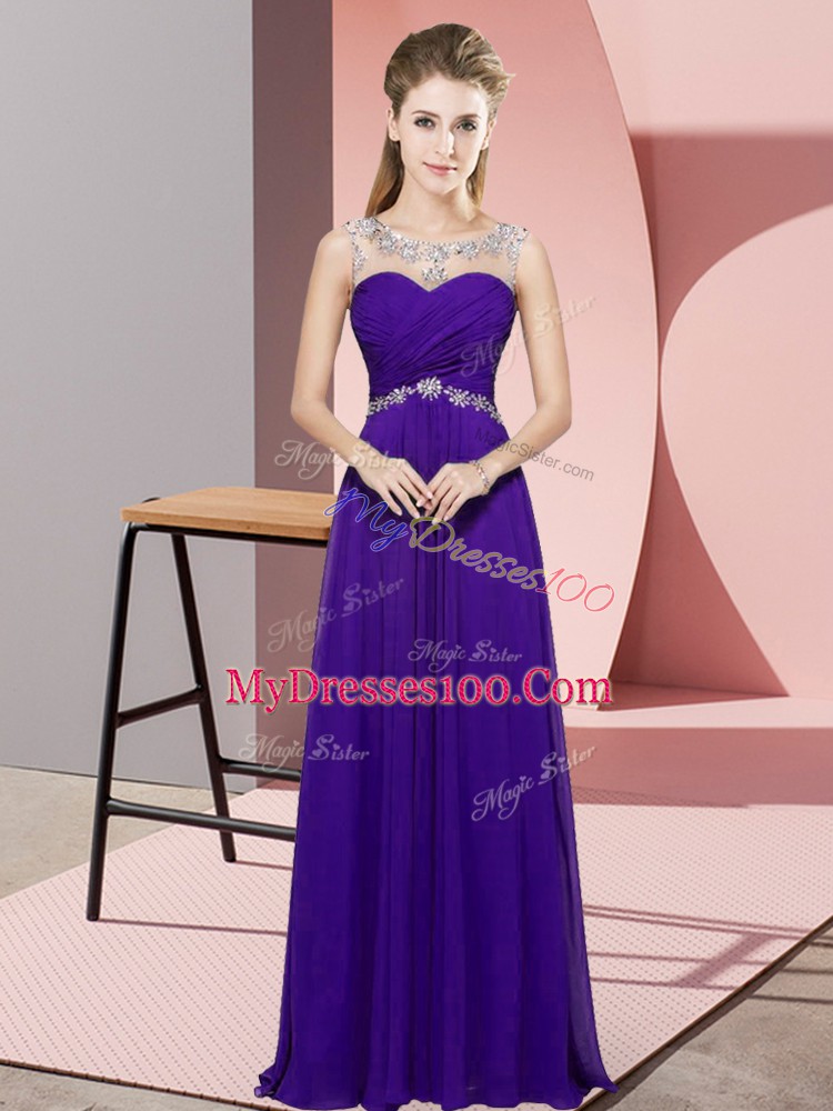 Purple Sleeveless Chiffon Backless Prom Dress for Prom and Party and Military Ball