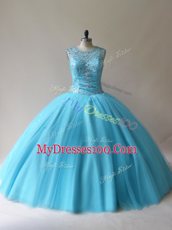 Colorful Sleeveless Floor Length Beading Lace Up Sweet 16 Dress with Baby Blue