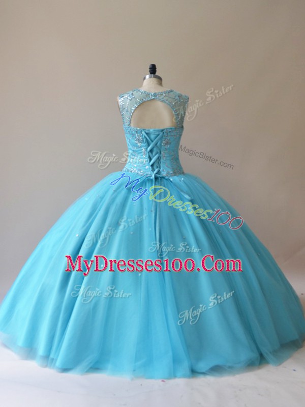 Colorful Sleeveless Floor Length Beading Lace Up Sweet 16 Dress with Baby Blue