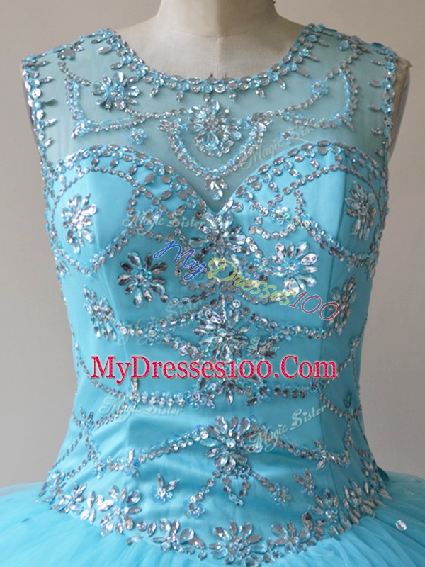 Colorful Sleeveless Floor Length Beading Lace Up Sweet 16 Dress with Baby Blue
