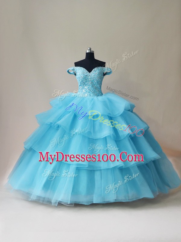 Ball Gowns Quinceanera Dress Aqua Blue Off The Shoulder Organza and Tulle Sleeveless Floor Length Lace Up