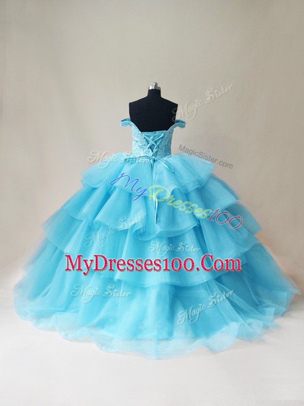 Ball Gowns Quinceanera Dress Aqua Blue Off The Shoulder Organza and Tulle Sleeveless Floor Length Lace Up