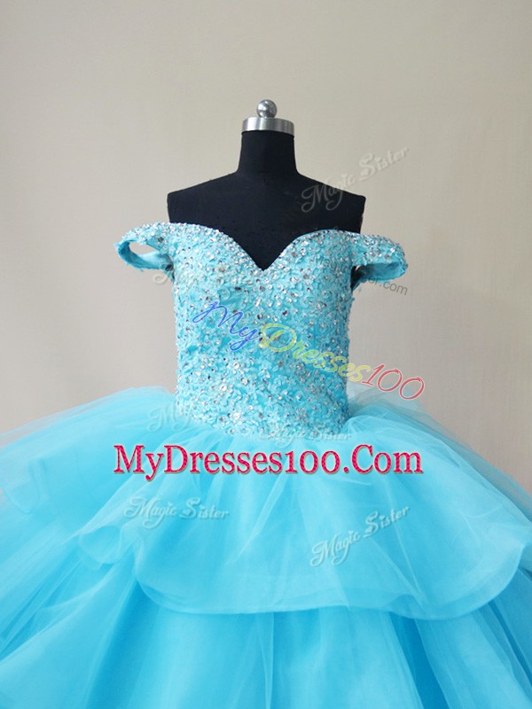 Ball Gowns Quinceanera Dress Aqua Blue Off The Shoulder Organza and Tulle Sleeveless Floor Length Lace Up