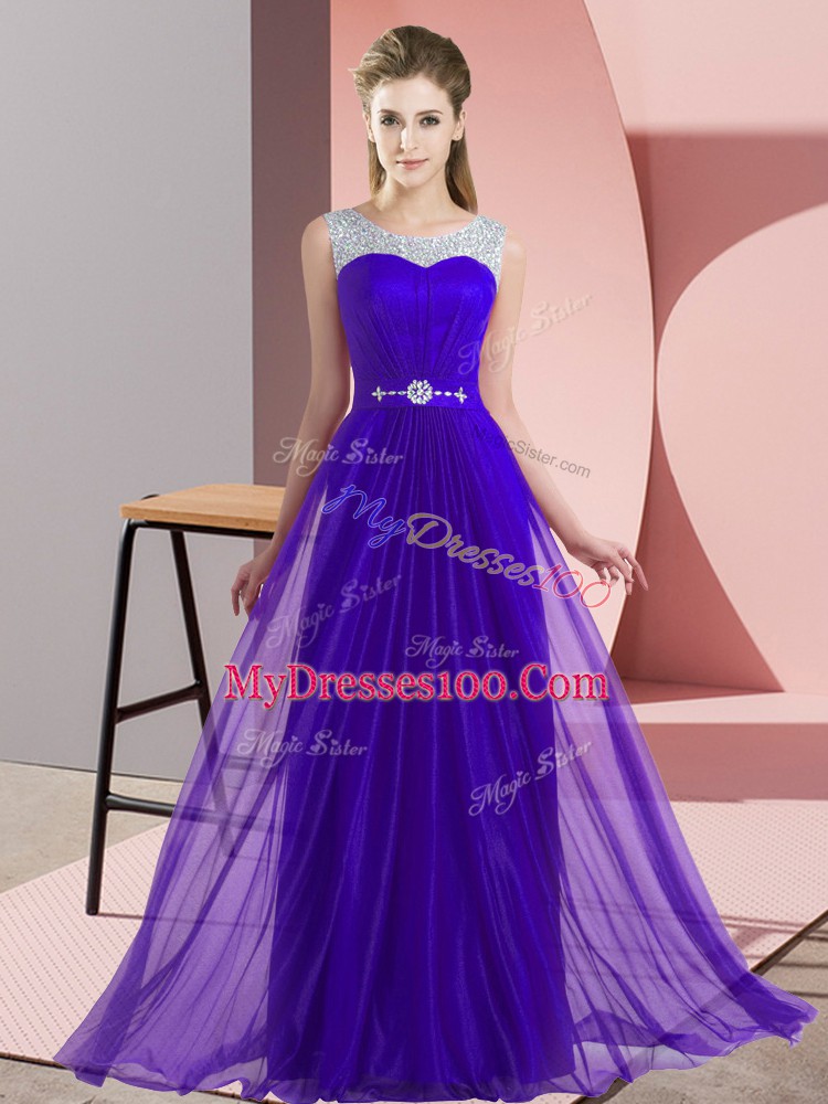 Scoop Sleeveless Bridesmaids Dress Floor Length Beading Purple Chiffon