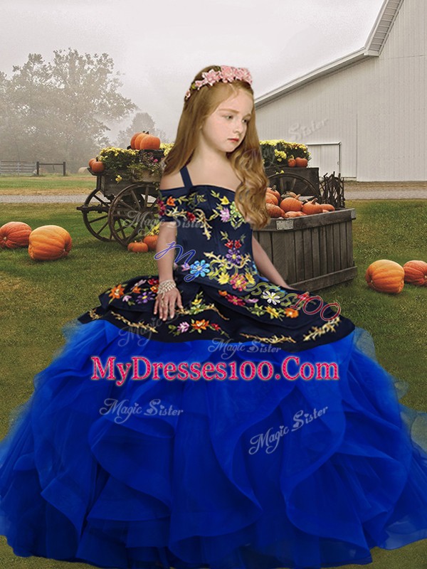 Royal Blue Lace Up Little Girls Pageant Dress Embroidery and Ruffles Sleeveless Floor Length