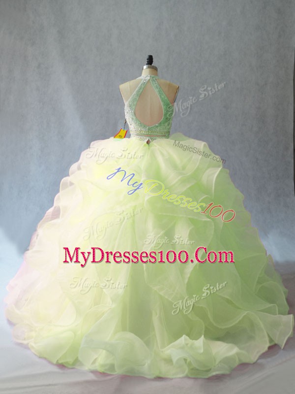 Low Price Sleeveless Brush Train Backless Beading and Ruffles Quinceanera Gowns