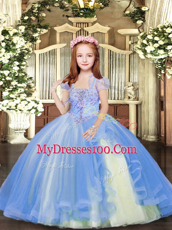 High Class Blue Sleeveless Beading Floor Length Pageant Dress Wholesale
