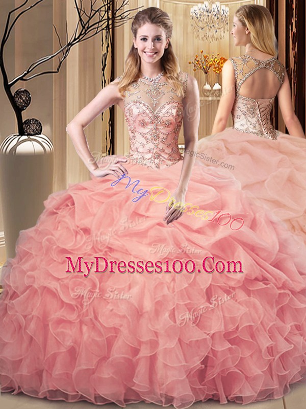 Admirable Floor Length Lace Up 15th Birthday Dress Peach for Sweet 16 and Quinceanera with Beading and Ruffles and Pick Ups