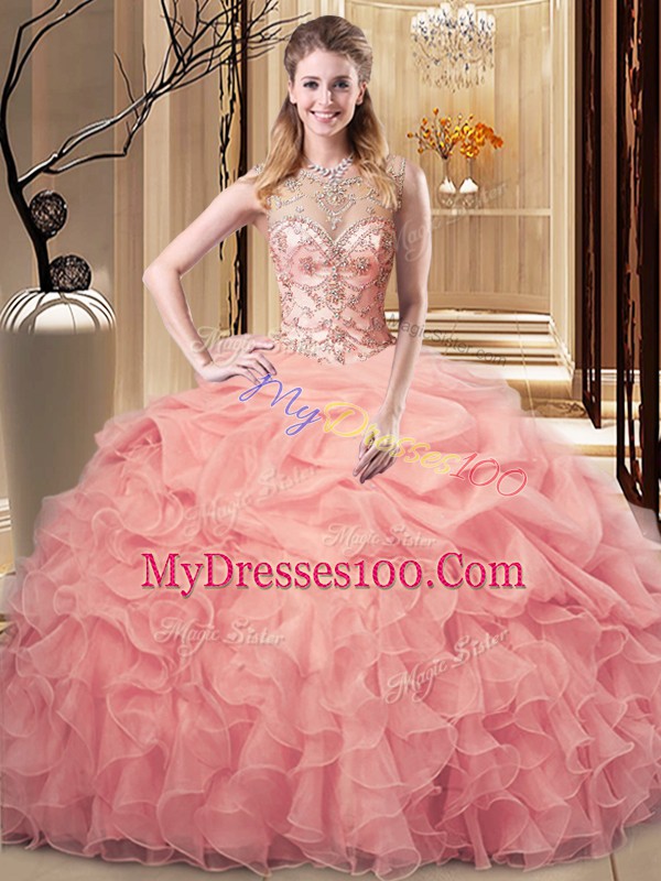 Admirable Floor Length Lace Up 15th Birthday Dress Peach for Sweet 16 and Quinceanera with Beading and Ruffles and Pick Ups