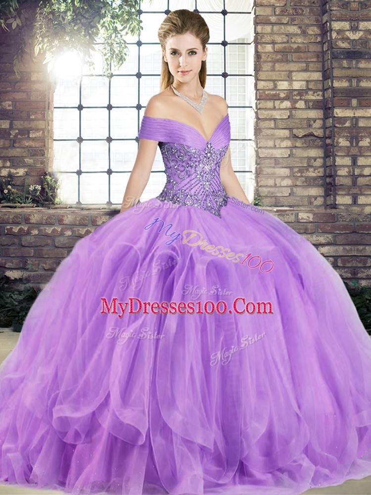 Custom Made Tulle Off The Shoulder Sleeveless Lace Up Beading and Ruffles Sweet 16 Dresses in Lavender