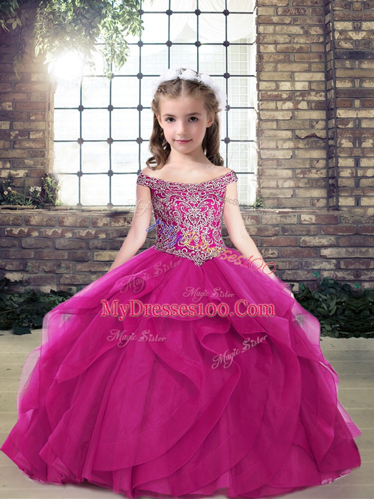 Floor Length Fuchsia High School Pageant Dress Off The Shoulder Sleeveless Lace Up