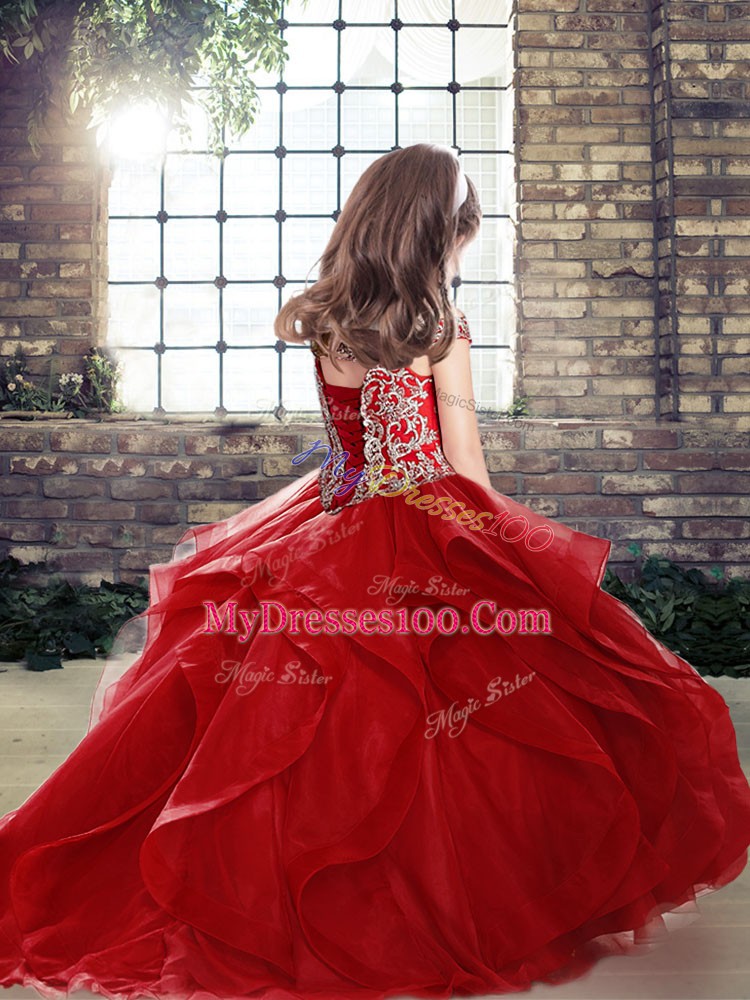 Floor Length Fuchsia High School Pageant Dress Off The Shoulder Sleeveless Lace Up
