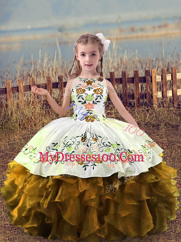 Floor Length Brown Evening Gowns Organza Sleeveless Embroidery and Ruffles