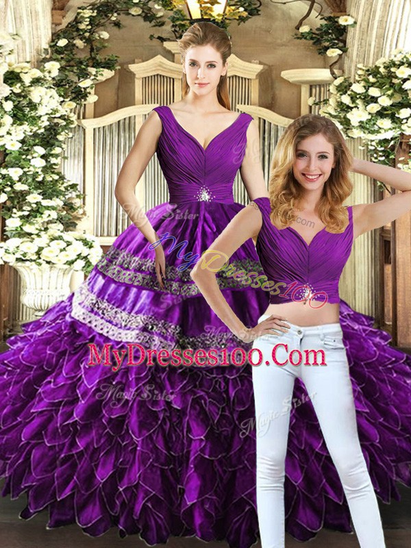Floor Length Backless 15 Quinceanera Dress Purple for Military Ball and Sweet 16 and Quinceanera with Beading and Embroidery and Ruffles