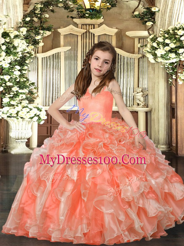 Ball Gowns Pageant Dresses Peach Straps Organza Sleeveless Floor Length Lace Up