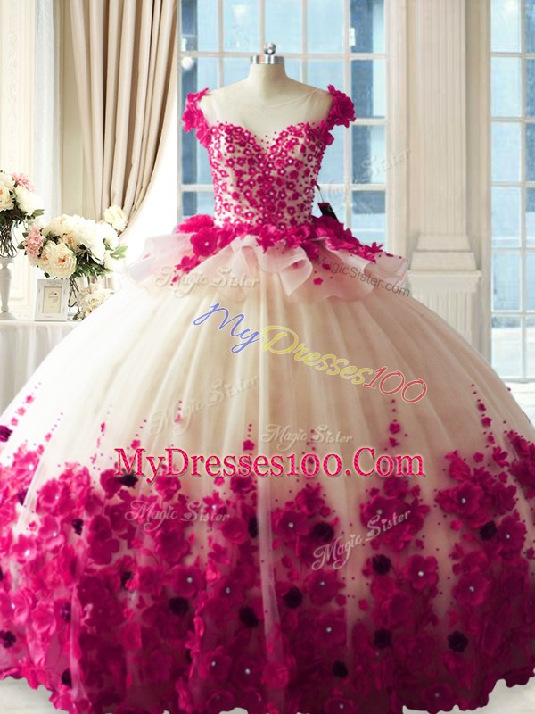 Fuchsia Ball Gowns Scoop Sleeveless Tulle Brush Train Zipper Hand Made Flower Quinceanera Dress