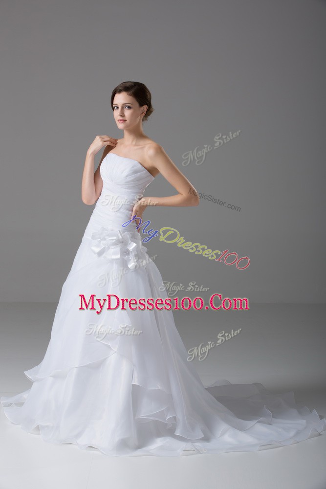 Beautiful White Organza Lace Up Strapless Sleeveless Wedding Dresses Brush Train Hand Made Flower