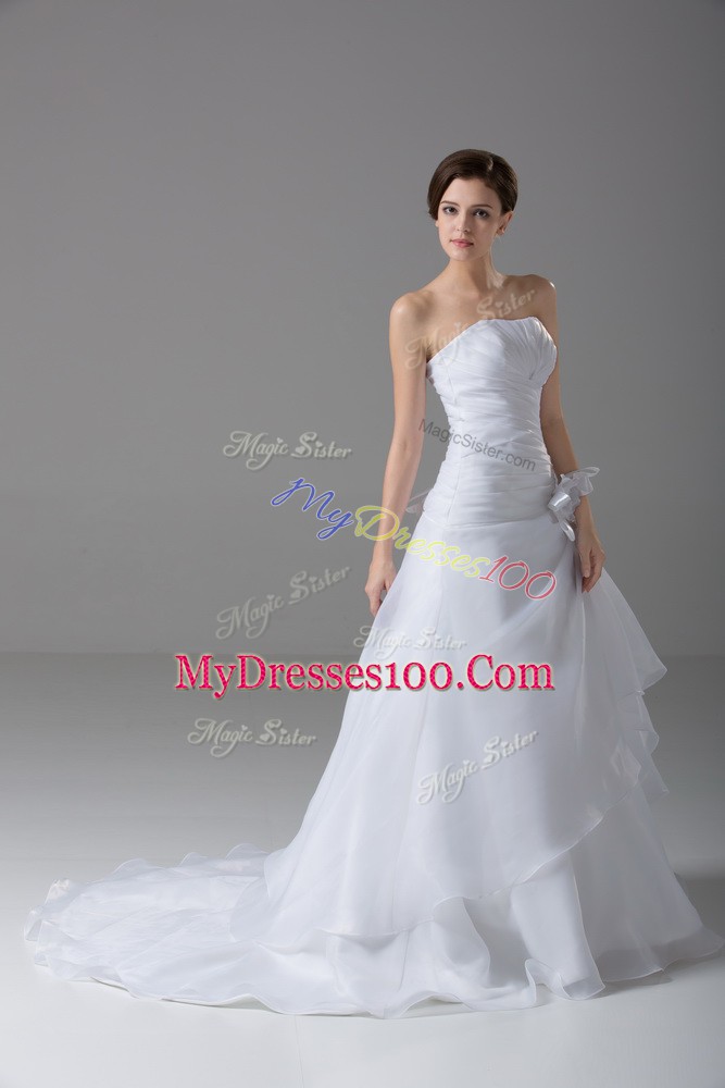 Beautiful White Organza Lace Up Strapless Sleeveless Wedding Dresses Brush Train Hand Made Flower