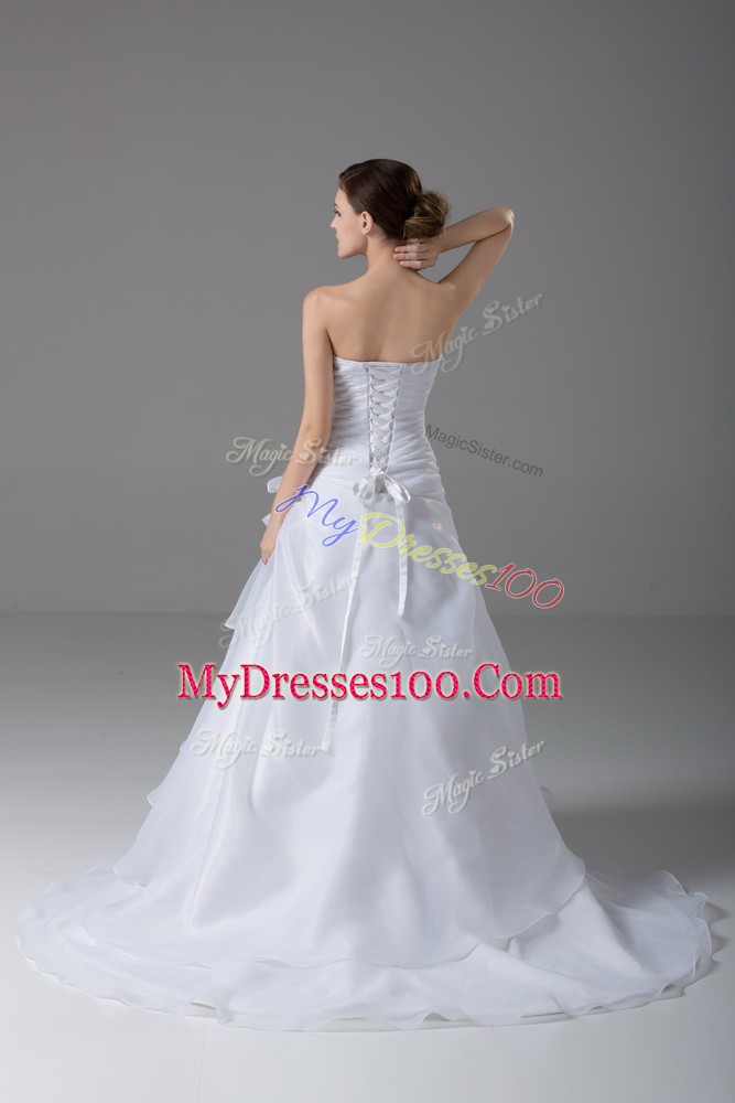 Beautiful White Organza Lace Up Strapless Sleeveless Wedding Dresses Brush Train Hand Made Flower