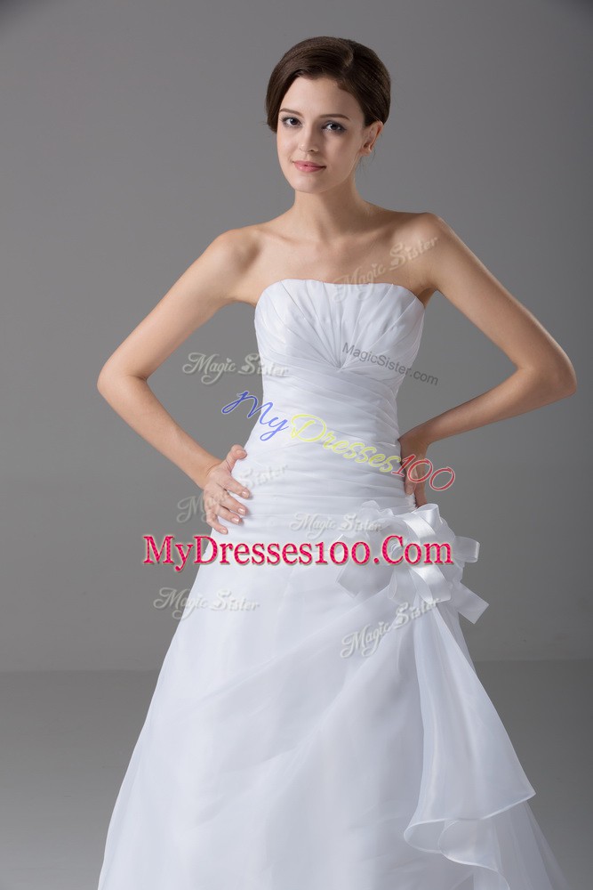 Beautiful White Organza Lace Up Strapless Sleeveless Wedding Dresses Brush Train Hand Made Flower