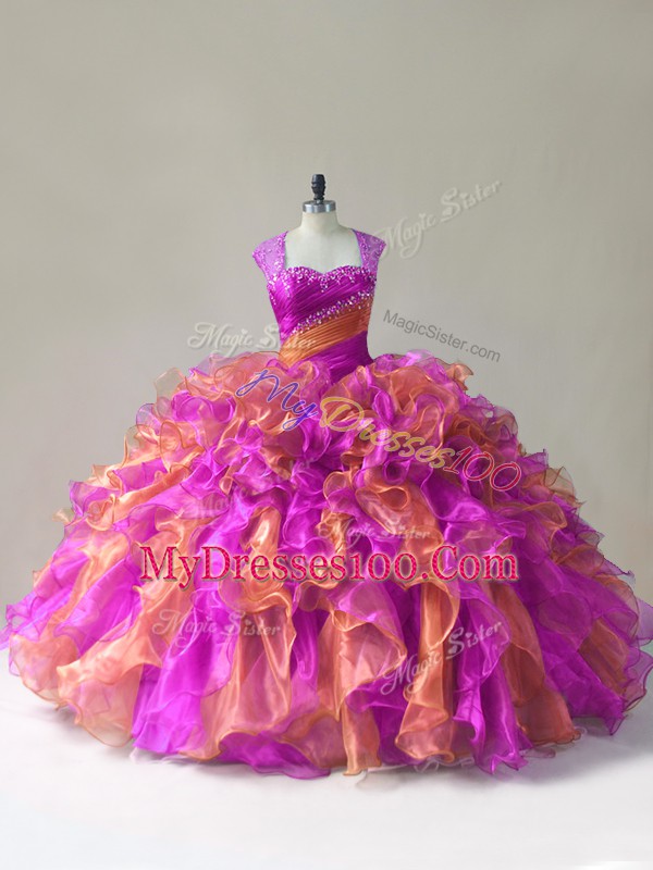 Dynamic Multi-color Zipper Straps Beading and Ruffles Quince Ball Gowns Organza Sleeveless