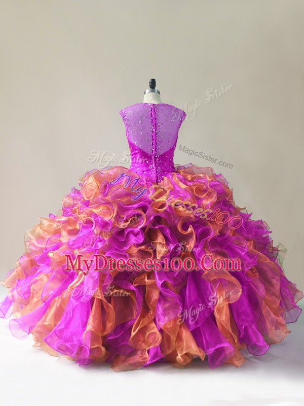 Dynamic Multi-color Zipper Straps Beading and Ruffles Quince Ball Gowns Organza Sleeveless