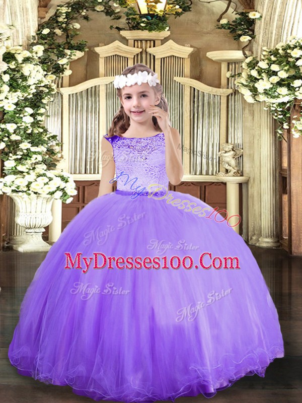 Sleeveless Floor Length Lace Zipper Kids Pageant Dress with Lavender