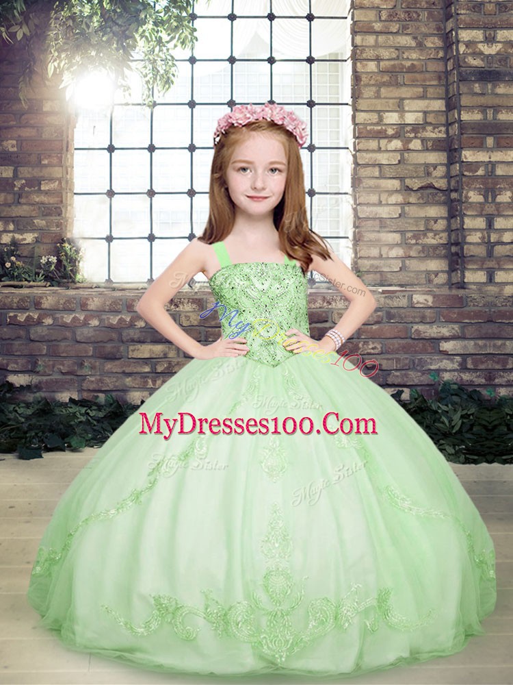 Yellow Green Ball Gowns Beading Kids Formal Wear Lace Up Tulle Sleeveless Floor Length