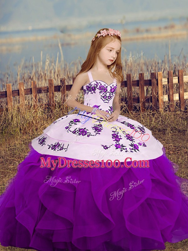 Beauteous Embroidery and Ruffles Little Girl Pageant Gowns Purple Lace Up Sleeveless Floor Length
