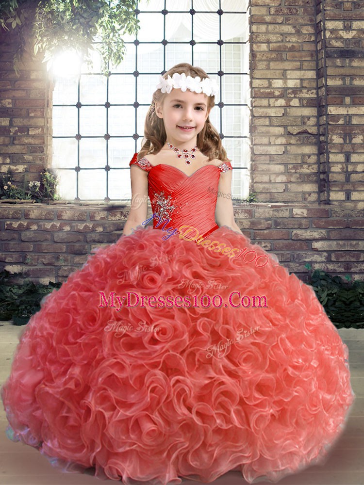 Amazing Red Ball Gowns Fabric With Rolling Flowers Straps Sleeveless Beading and Ruching Floor Length Lace Up Girls Pageant Dresses