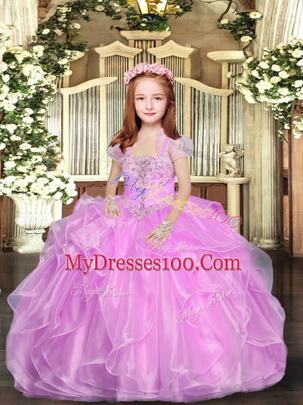 Excellent Floor Length Ball Gowns Sleeveless Lilac Girls Pageant Dresses Lace Up