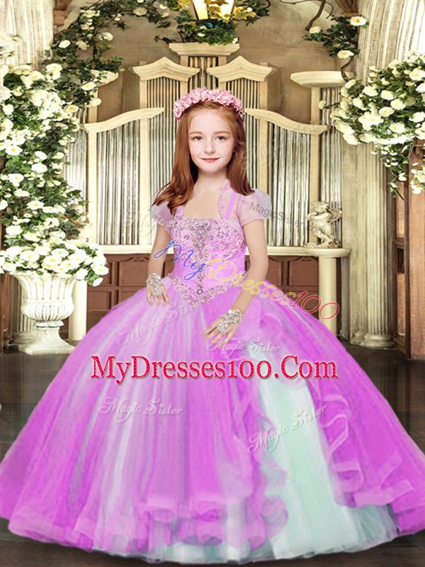 Lilac Lace Up Straps Beading Little Girl Pageant Gowns Tulle Sleeveless