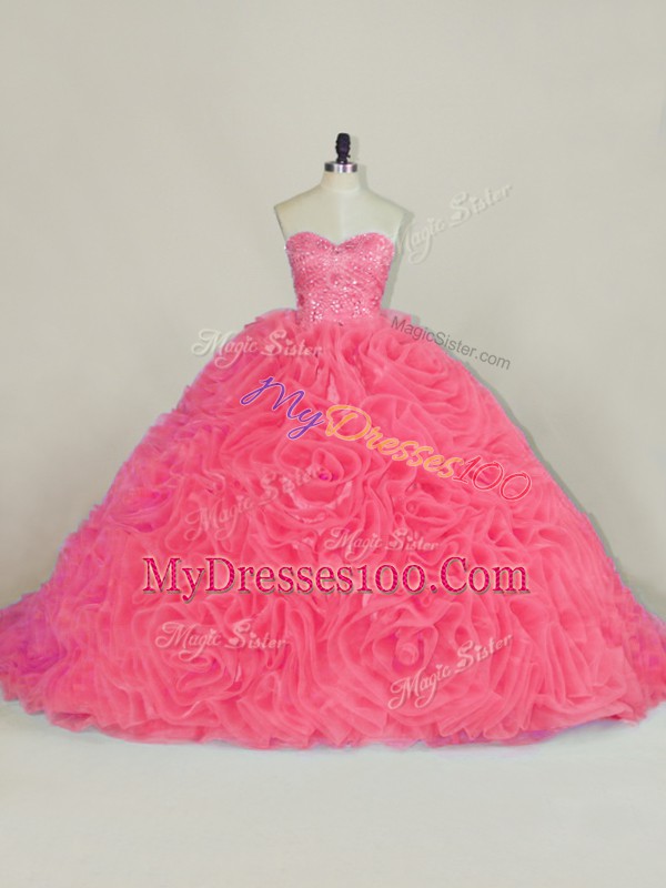 Fabric With Rolling Flowers Sleeveless Quinceanera Gowns Court Train and Beading and Ruffles