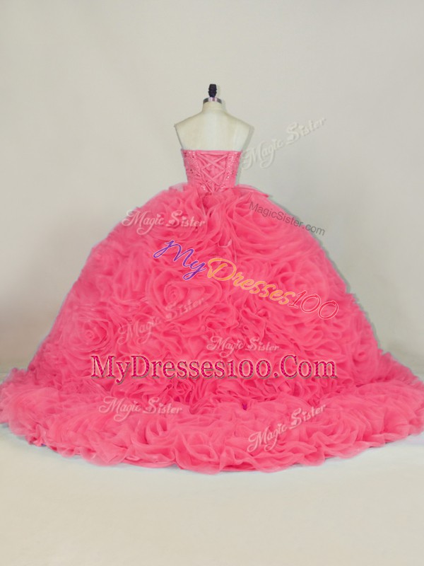 Fabric With Rolling Flowers Sleeveless Quinceanera Gowns Court Train and Beading and Ruffles