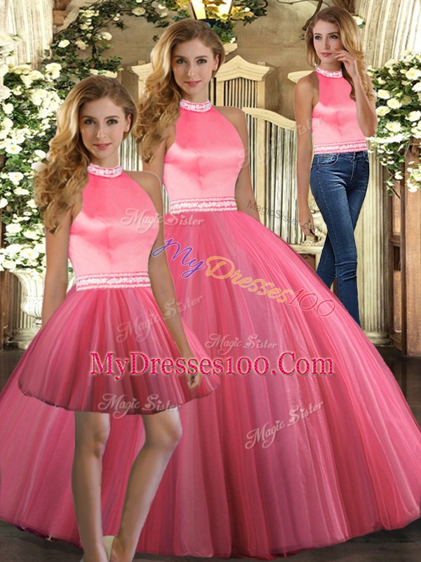 Luxury Coral Red Ball Gowns Beading Ball Gown Prom Dress Backless Tulle Sleeveless Floor Length